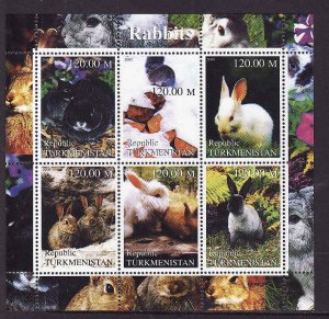 Turkmenistan-unused NH sheet of 6-Animals-Rabbits-2000-is