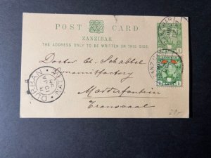 1898 Zanzibar Postcard Cover Durban Natal to Mordertankir Transvaal