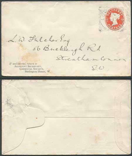 EP36 QV 1/2d Vermillion Envelope Size E Used London Squared Circle Cancel