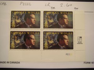 Scott 3444, 33c Thomas Wolfe, PB4 #P2222 LR, MNH Commemorative Beauty