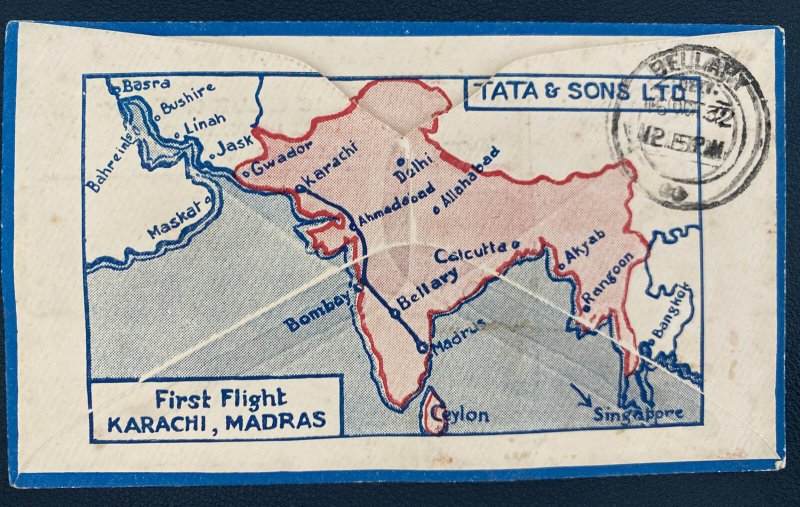 1932 Karachi India First Flight Airmail Cover to Bellary TATA Airways Map Cap