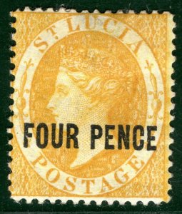 ST LUCIA QV Stamp SG.27 4d Yellow (1882) FOUR PENCE Mint MM Cat £300 BLBLUE114