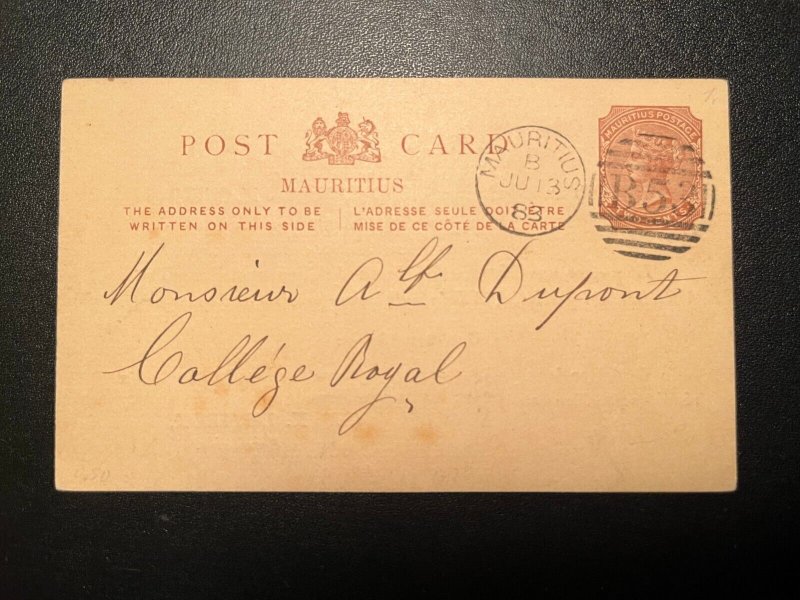 1883 British Mauritius Postcard Cover to College Royal B53 Cancel