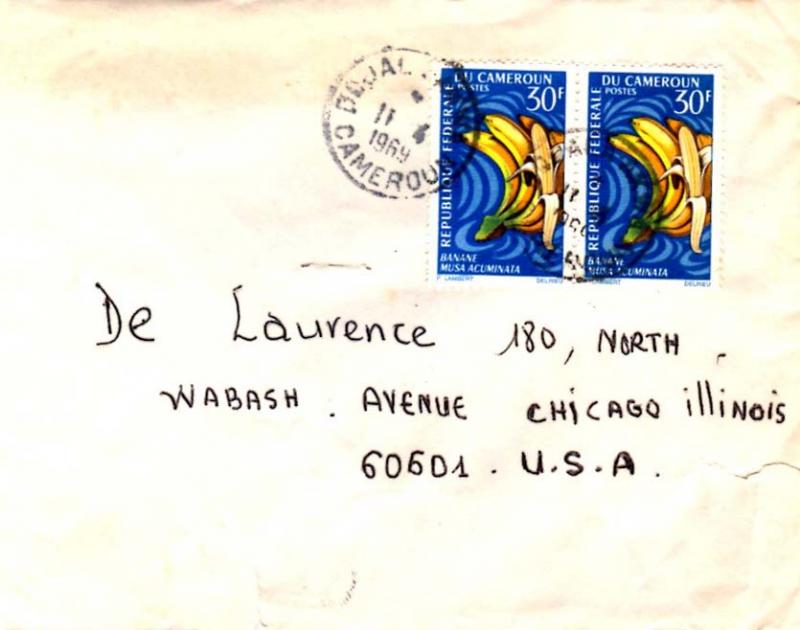 Cameroun 30F Bananas (2) 1969 Douala - Akwa, Cameroun Airmail to Chicago, Ill...