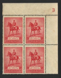 Australia Sc#152 MNH Plate 3 Block of 4 - hinged in selvedge, light toning