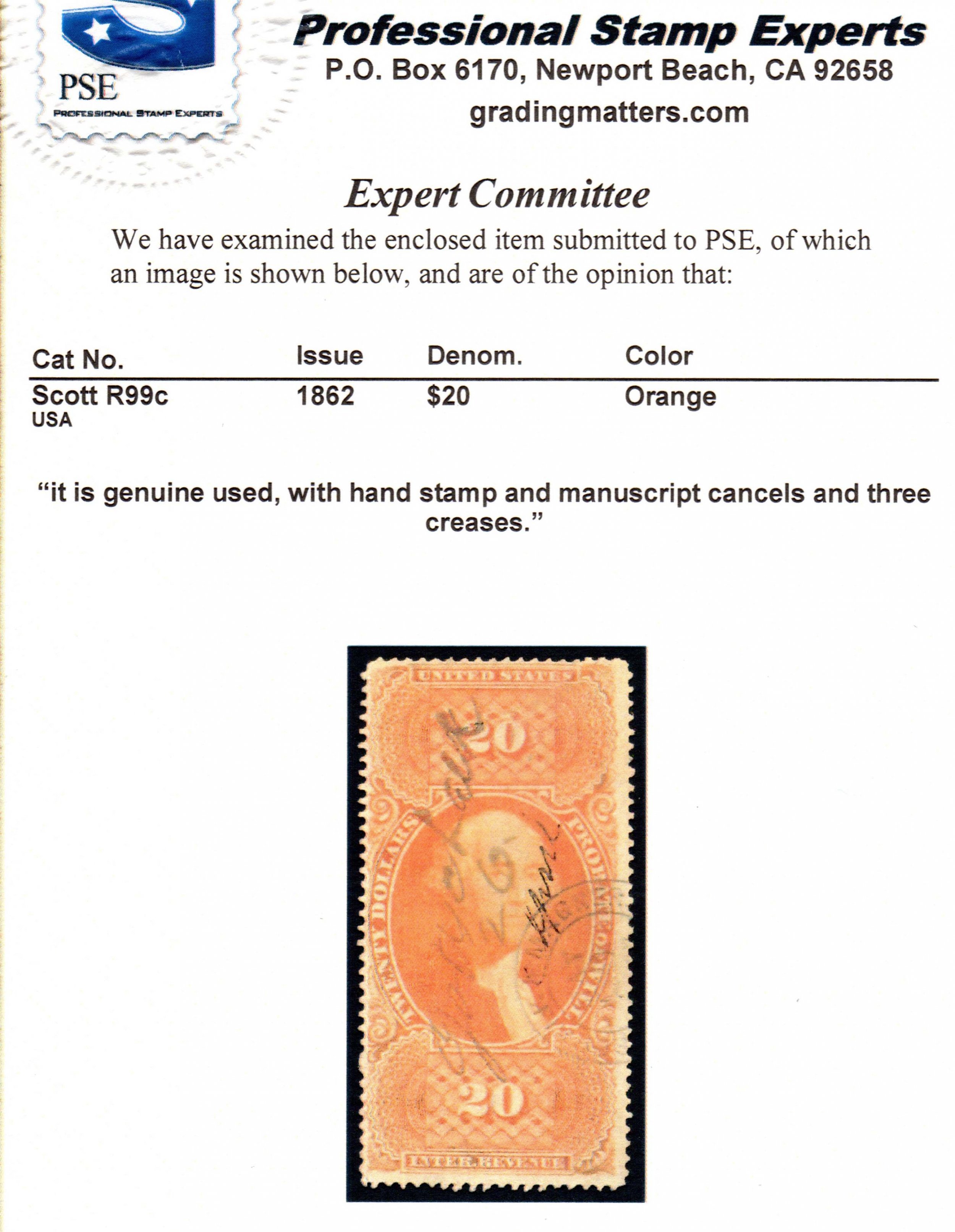 Revenue Scott # R99c with Certificate CV = $ 3000.00 Lot 170516 ...