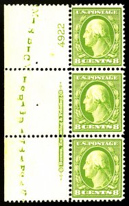 U.S. #380 MINT PL# STRIP OF 3 WITH PF CERT(COPY) OG HINGED