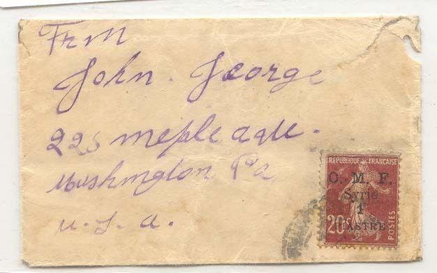 OMF Syrie 1 piastre sur 20 c lettre (cover) (au dos cachet Joseph Chahin of TRip