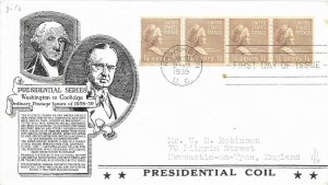 1939 Prexie Coil FDC, #840, 1-1/2c Martha Washington, Anderson, strip of 4