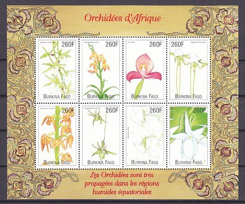 Burkina Faso, Scott cat. 1162 A-H. Orchids sheet of 8. ^