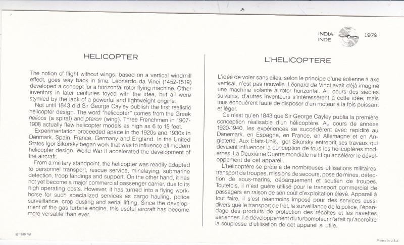 History of Transport India Helicopter Presentation Card VGC