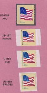 Singles 41c Flag Den APU US 4186, Sennett 4187, AVR 4188, Spaces 4189 Lot 4 MNH