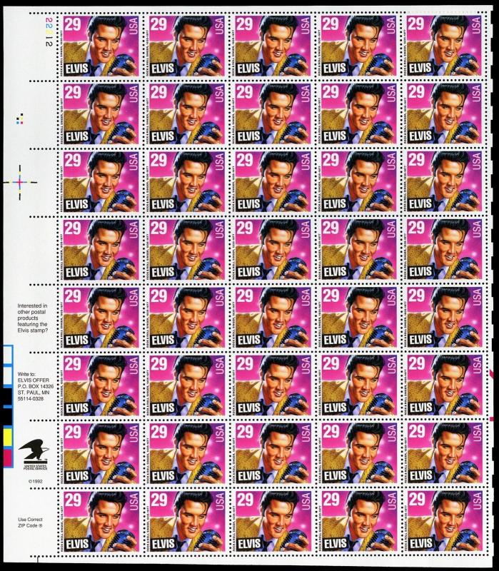 Elvis Presley Complete Sheet of Forty 29¢ Stamps Scott 2721 - Stuart Katz