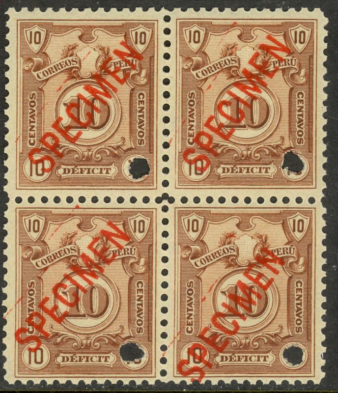 PERU 1909 10c Postage Due Block of 4 Ovptd SPECIMEN ABNC Punch Sc J42 MNH