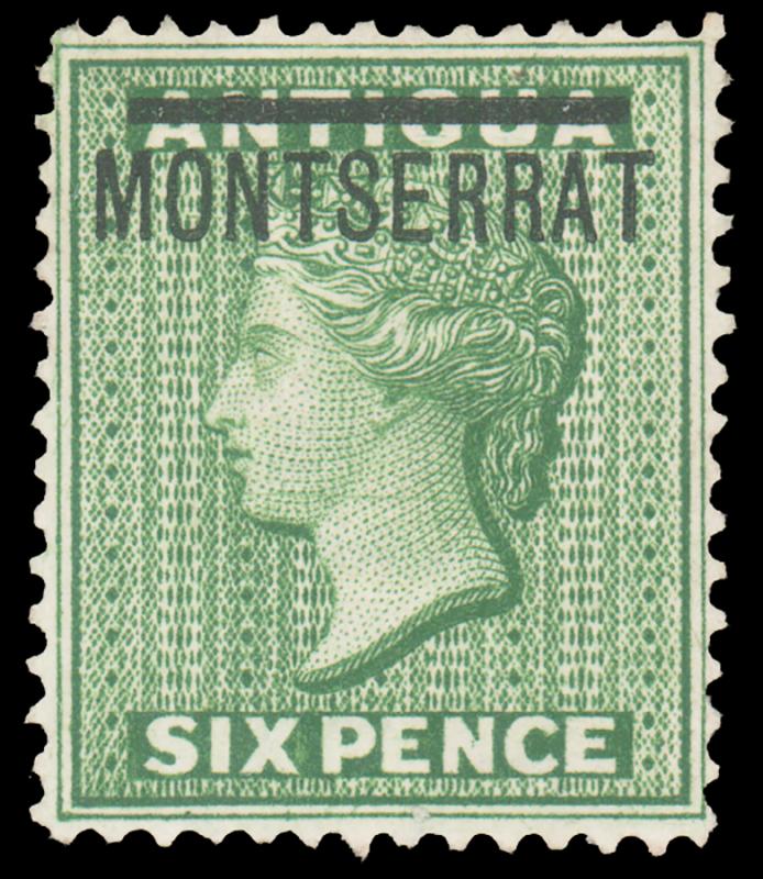 MONTSERRAT 1876 6p GREEN MINT #2 well-centered and HR CV$75.00 Gibbons #2 @