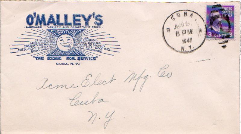 United States New York Cuba 1947 numeral duplex  Blue Illustrated corner card...