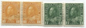 Canada KGV 1922 1 cent orange and 2 cent green Admiral pairs mint o.g. hinged