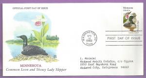 US #1975 FDC 20c Birds - Minnesota Common Loon & Showy Lady Slipper Flower