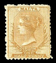 Malta #5 Cat$160, 1865 1/2p buff, perf. 12 1/2, lightly hinged, signed Diena