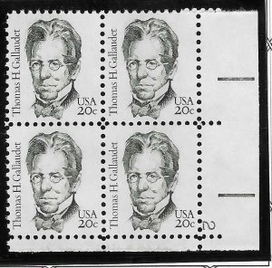 US#1861 20c Plateb block of 4 Thomas H Gallaude (MNH) CV $4.00