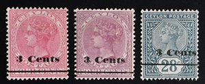 CEYLON 1886 QV 3c overprint Varieties MH SG#241-243 c4185