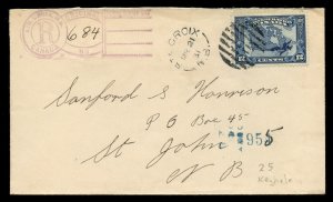 ?STE. CROIX, N.B. Keyhole Registration handstamp split ring 1931 cover Canada