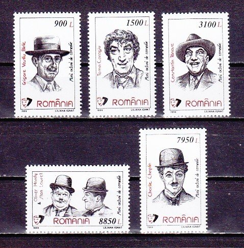 Romania, Scott cat. 4321-4325. Comic Actors. Charlie Chaplin, Oliver & Laurel. ^