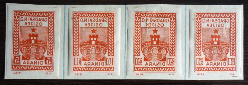 CROATIA - YUGOSLAVIA - CITY OSIJEK - 4 RED PROOFS - REVENUE STAMPS R! bridge J1