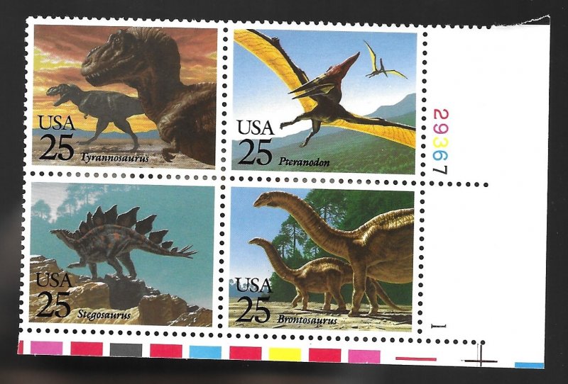 #2422-25 Prehistoric Animals 25 cent plate block  MNH