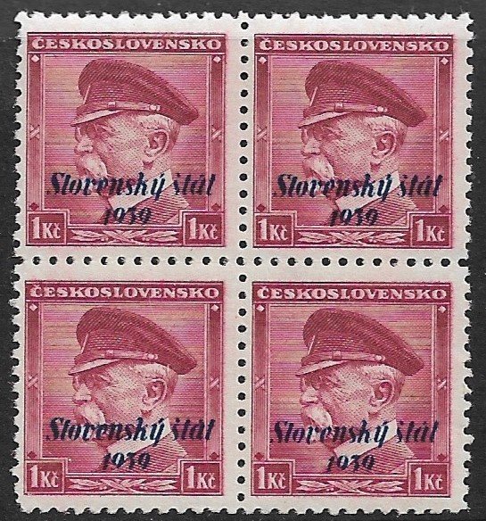 SLOVAKIA 1939 1k Overprinted President Masaryk Issue Block of 4 Sc 12 MNH