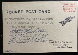 1936 McAllen TX USA Trial Flight Rocket Mail # 3 PC cover To Mexico Pilot Signed
