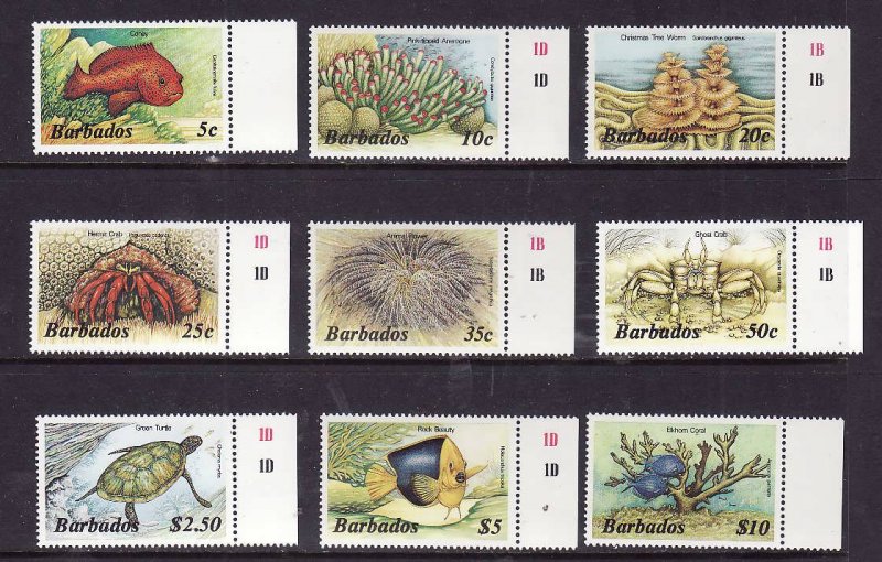 Barbados-Sc#642b-9b-unused NH set-Marine Life-Turtles-Fish-1986-