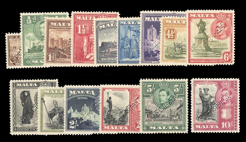 Malta #191/205S (SG 217-231s) Cat£700 (for complete set), 1938 George VI, 1f...