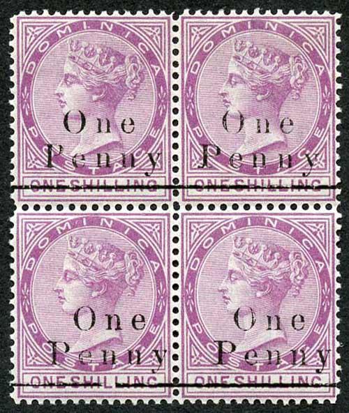 DOMINICA SG19 1886 One Penny on 1/- Magenta SUPERB M/Mint BLOCK Very Fresh