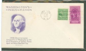 US 854 1939 3c Washington's First Inauguration + a 1c Prexie coil (Washington) on an unaddressed FDC with a Grimsland ca...