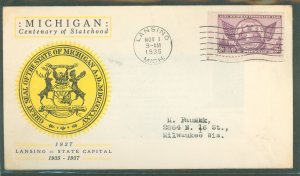 US 775 1935 3c Michigan/Centenary of Statehood (single) on an addressed (typed) fdc with a Linprint cachet.