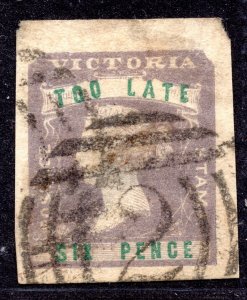 AUSTRALIA VICTORIA 1855 LATE FEE STAMP 6 PENCE SCOTT # 11 C.V. $275 4 CLEAR MGNS