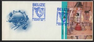 1989 Belize FDC, SG MS1061 World Stamp Expo overprint with UPU cachet