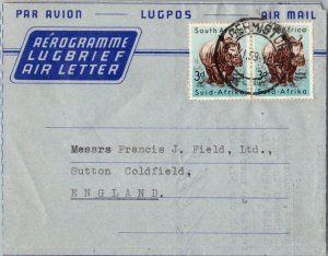 South Africa 3d White Rhinoceros (2) 1959 Germiston Air Letter Airmail to Sut...
