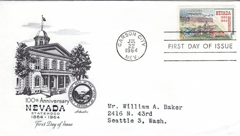 1964, Centennial Nevada Statehood, Artmaster, FDC (E11001)