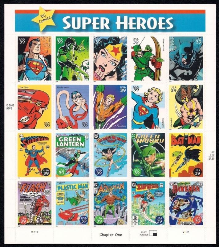 2006 39c DC Comics, Super Heroes, Sheet of 20 Scott 4084 Mint F/VF NH