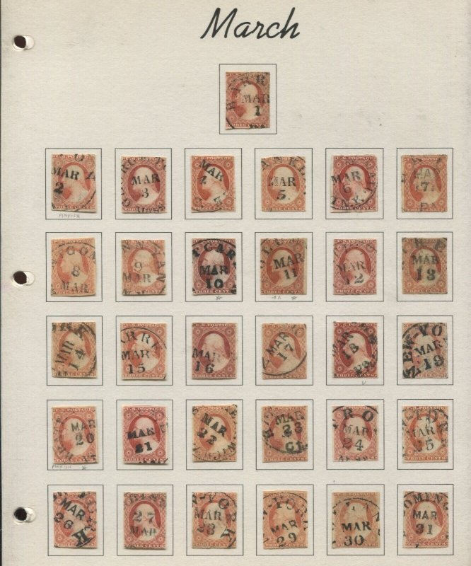 1851 3¢ Complete Calendar Collection 11 & 11A of 366+ Stamps with BLACK CANCELS