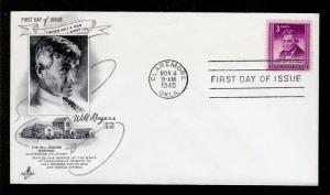 FIRST DAY COVER #975 Will Rogers 3c ARTCRAFT U/A FDC 1948