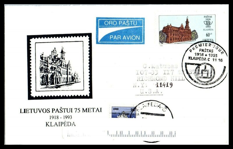 LITHUANIA Air Mail FDC Cover - Klaipėda to Richmond Hill, New York USA Q15