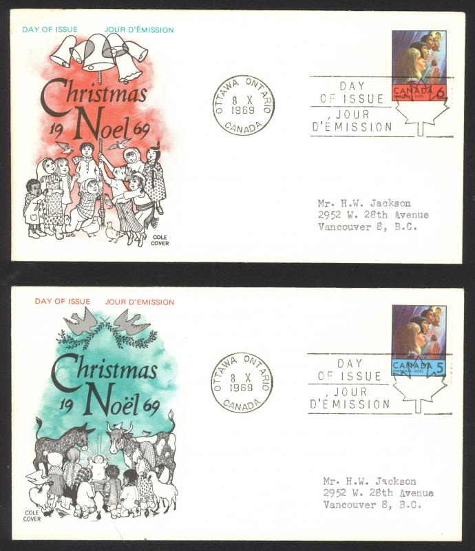 Canada Sc# 502-503 (Cole Covers) FDC Set/2 (a) (singles) 1969 10.8 Christmas