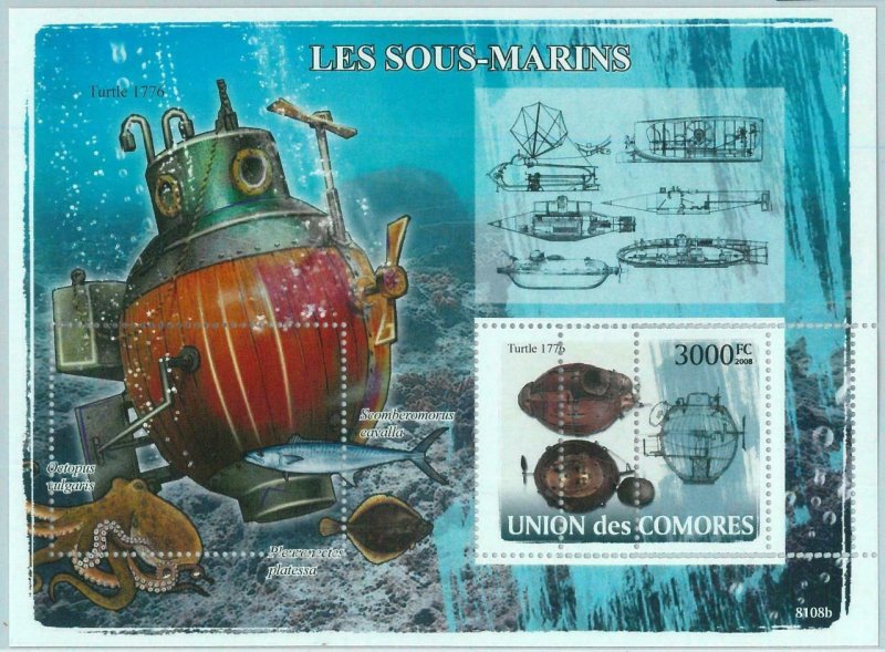 A0386 - COMOROS, ERROR, MISPERF, Souvenir sheet: 2008, Submarines, Marine Life