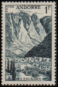 Andorra (Fr) 124 - Mint-H - 1fr Les Escaldres Spa (1955) (cv $0.55)
