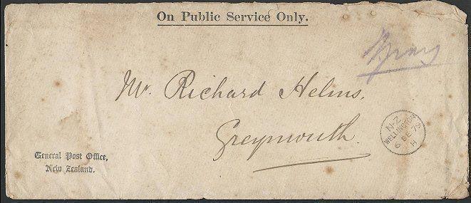 NEW ZEALAND 1879 OPSO cover ex GPO Wellington to Greymouth.................48626