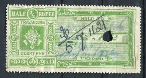 INDIA; TRAVANCORE early 1900s Local Revenue issue used Shade of 1/2R. value