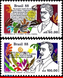2150-51 BRAZIL 1988 BOOK DAY, RAUL POMPEIA OLAVO BILAC, WRITERS MI# 2269-70 MNH